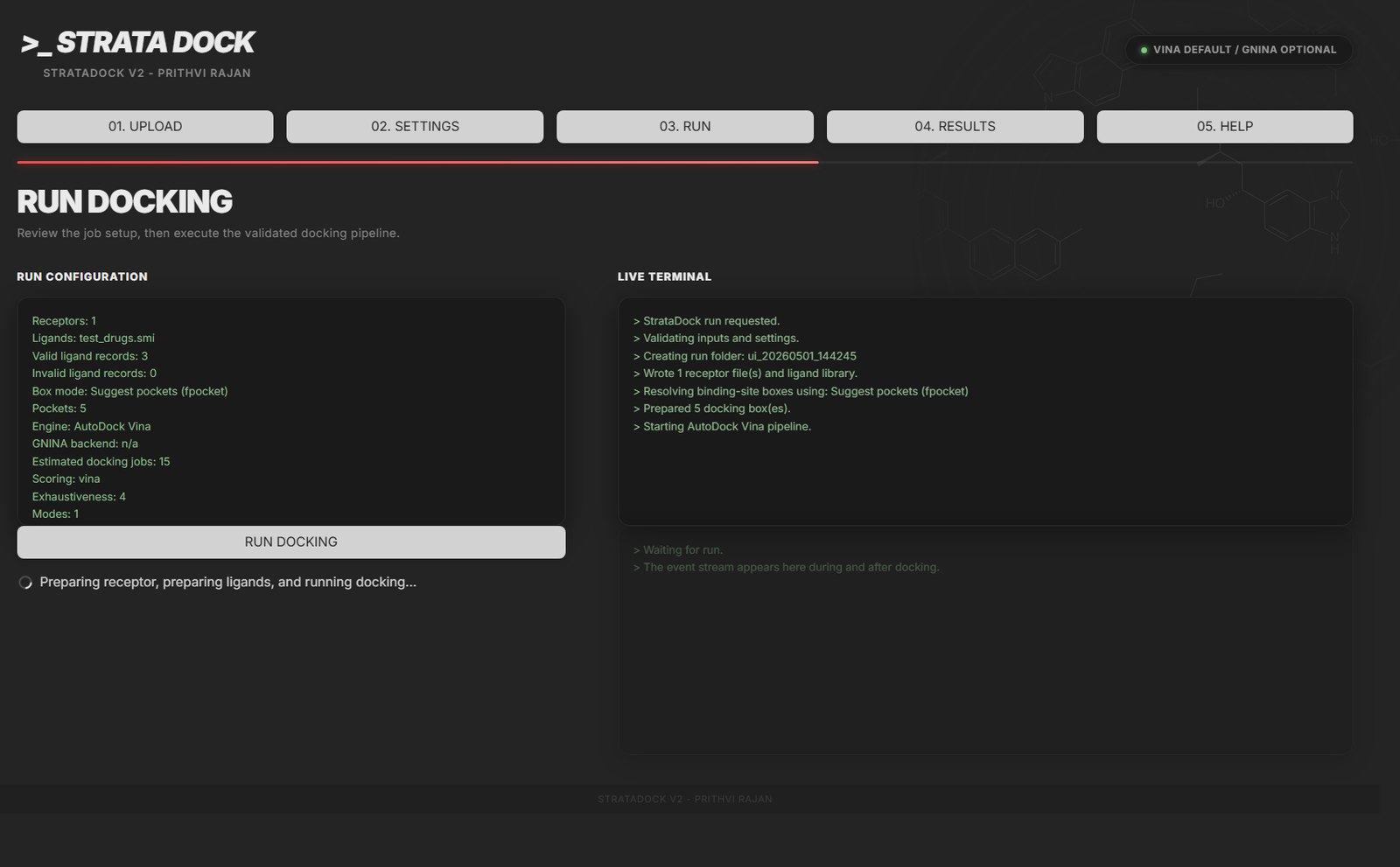StrataDock run screen showing docking configuration and terminal progress